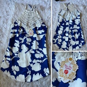 Blue & White Floral Print Mini Dress